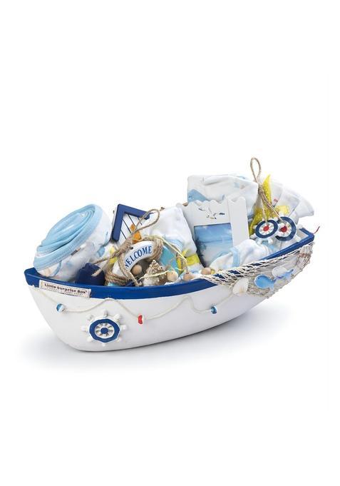 Little Surprise Box Blue 23 Pcs Nautical Big Wooden Boat Gift Hamper for a Newborn Baby Giftset for a Baby