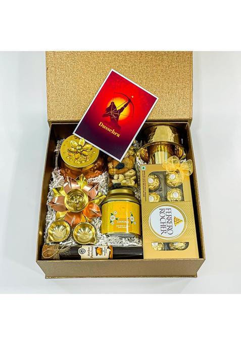 Angroos Yellow Unique Dussehra Gift with Imported Chocolates Metal Lotus Candle Holder Mixed Nut Bottle