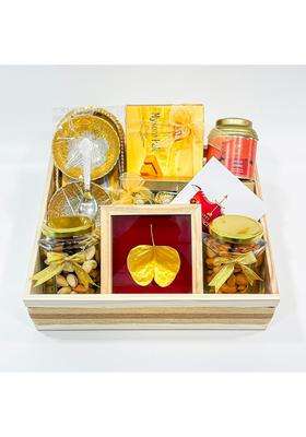 Angroos Golden Dussehra Delights with an Exquisite Palm Leaf Photo Frame Mixed Nuts Mysore Pak