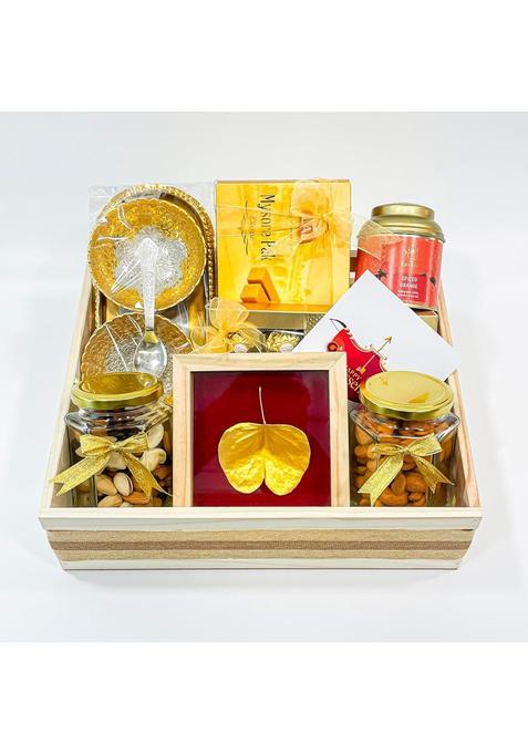 Angroos Golden Dussehra Delights with an Exquisite Palm Leaf Photo Frame Mixed Nuts Mysore Pak
