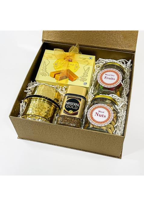 Angroos Yellow Traditional Indian Gift Hampers with Dabara Set Mysore Pak Nuts and More Indian Sweets