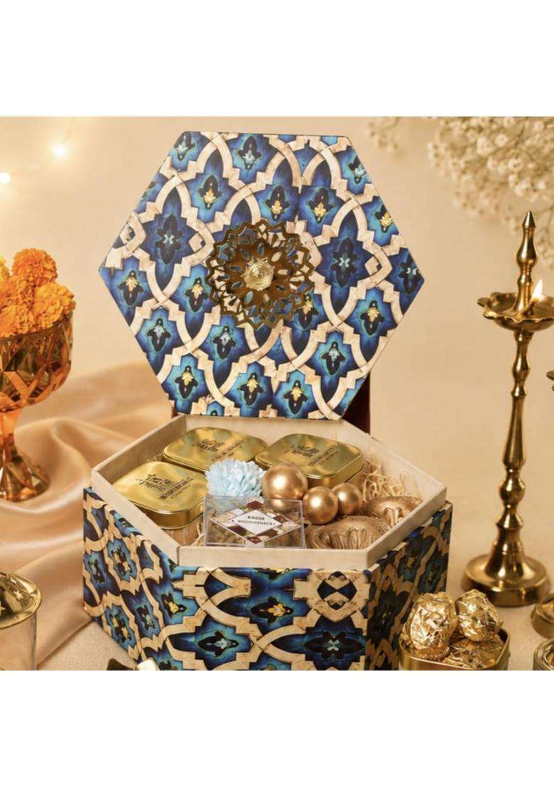 Indulgence by Shweta Hexagonal Mughal Box Diwali Gifting Hamper with Treats - Indya