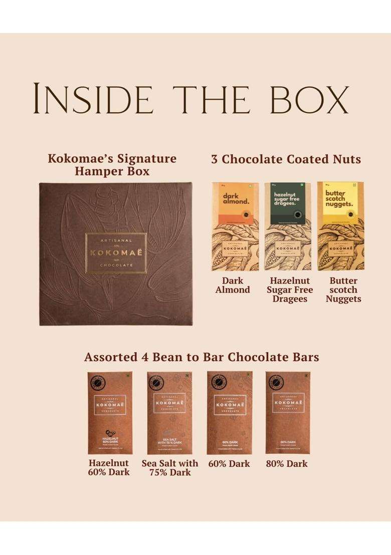 Kokomae Artisanal Chocolate Gift Pack 4 Bean to Bar Chocolate Bars and 3 Premium Chocolate Dragees - Indya