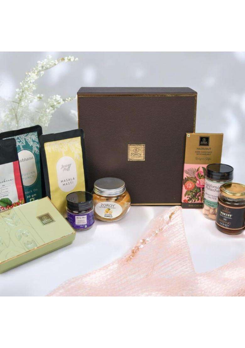 Zoroy Elegant Treats Hamper Stylish Box with Arabica Coffee 75G 2 Snack Packs Assorted Chocolates - Indya