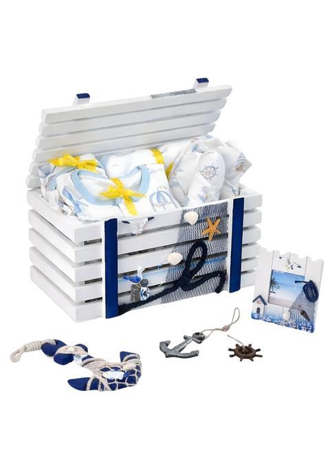 Little Surprise Box Blue 21 Pcs Nautical Wooden Treasure Chest Gift Hamper for a Newborn Baby