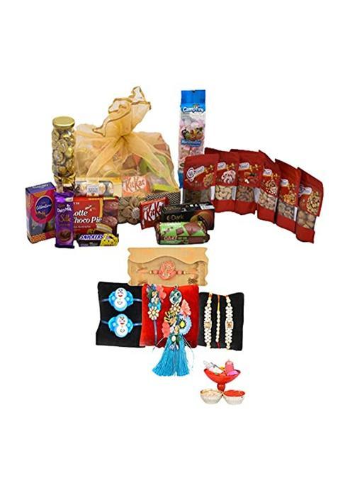Giftrend Bundle with 5KG Luxury Chocolates Dry Fruit and Nut Gifts Hamper Basket with 8 Rakhis Including Cz