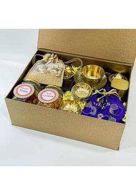 Angroos Yellow Indian Souvenirs Gift Hampers with Buddha Brass Diya Wooden Coaster and More Indian Handicrafts