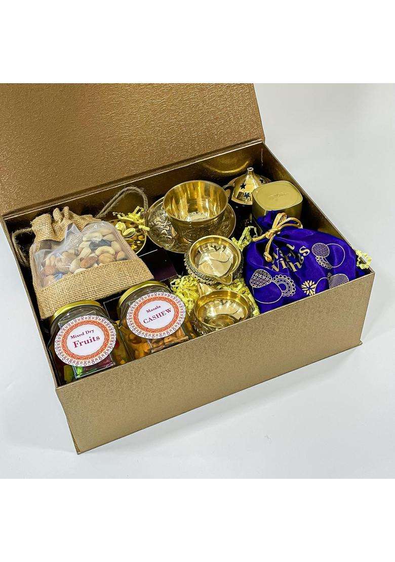 Angroos Yellow Indian Souvenirs Gift Hampers with Buddha Brass Diya Wooden Coaster and More Indian Handicrafts - Indya