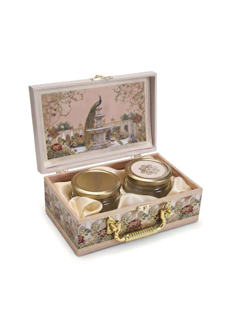 Luxury Heritage Gift Box with 2 Empty Jars Royal Peacock and Elephant Theme Suitcase Hamper for Wedding - Indya