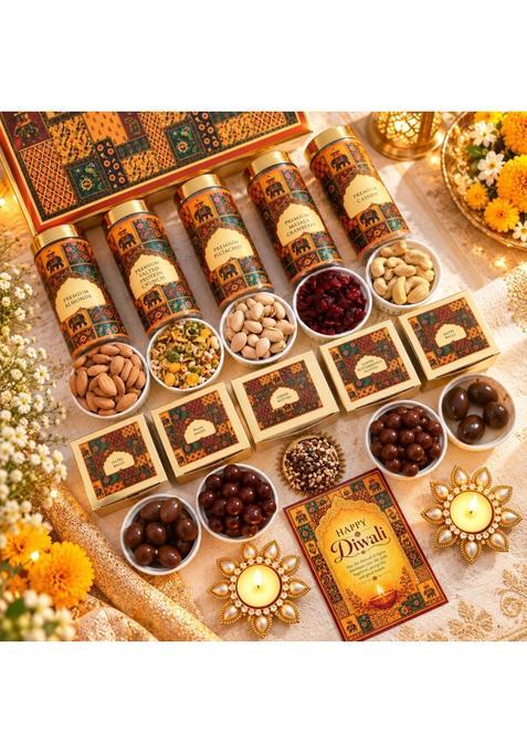 Nutrisnacksbox 15 Items Red Heritage Hamper with Big Metal Diyas T Light Candles 2 Dry Fruit Chocolates