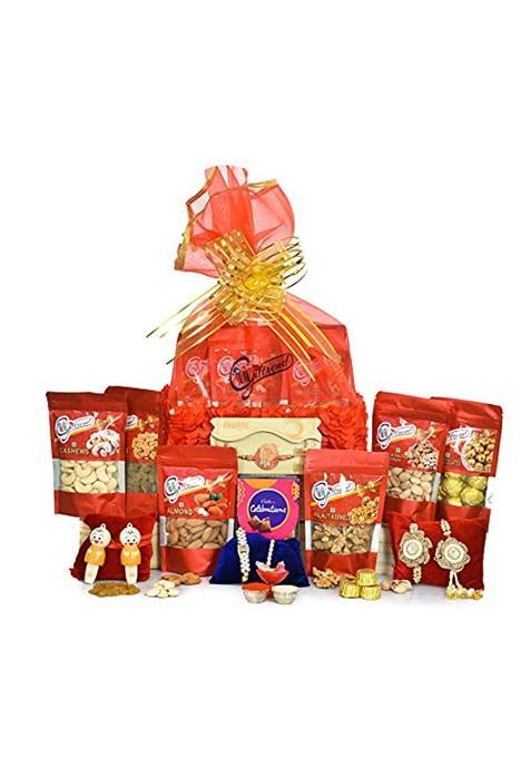 Giftrend Bundle with Rakhi Raksha Bandhan 1 Point 5KG Chocolate N 5 Dry Fruit and Nut Gifts Red Floral Basket