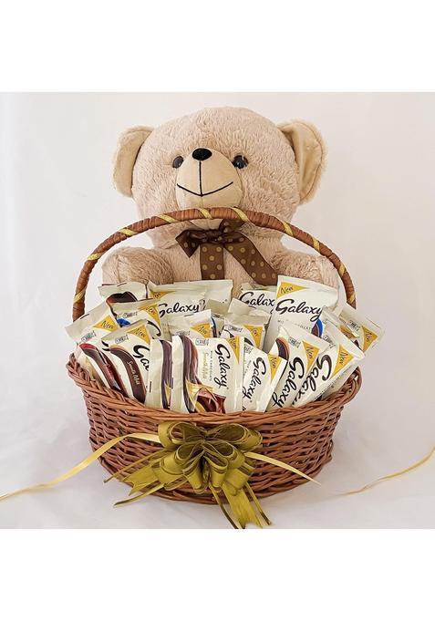 Angroos Red Chocolates Hampers Gift Basket Filled with the Teddy Bear and Galaxy Chocolates