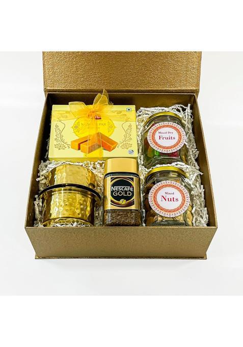 Angroos Yellow Enchanting Dasara Gift Box with Mysore Pak Dabara Set Instant Coffee Powder
