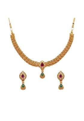Rewaa Antique Gold Finish Teardrop Pendant Necklace Set Gold Plated Jewellery Set