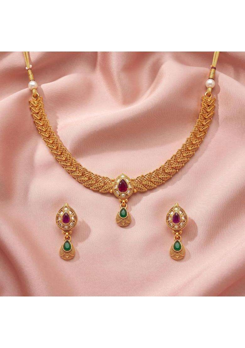Rewaa Antique Gold Finish Teardrop Pendant Necklace Set Gold Plated Jewellery Set - Indya