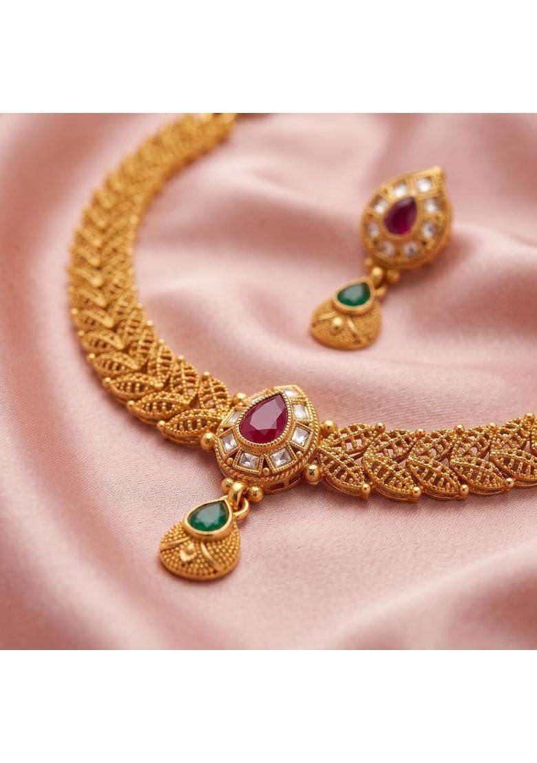 Rewaa Antique Gold Finish Teardrop Pendant Necklace Set Gold Plated Jewellery Set - Indya