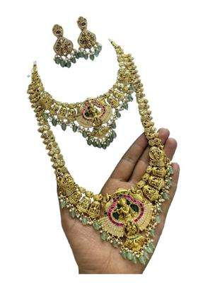 Kundan Antique Gold Plated Krishna Temple Jewellery Set Long Haram Necklace with Earrings