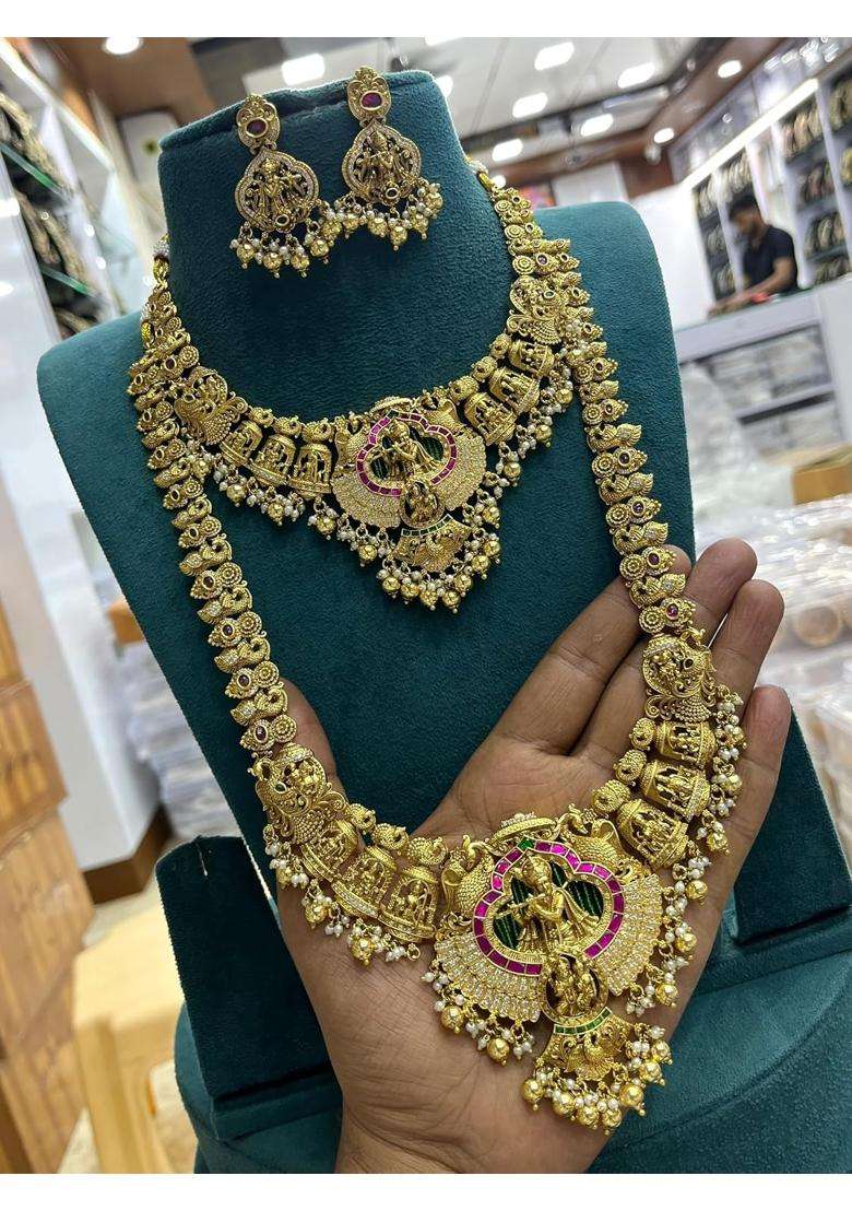 Kundan Antique Gold Plated Krishna Temple Jewellery Set Long Haram Necklace with Earrings - Indya
