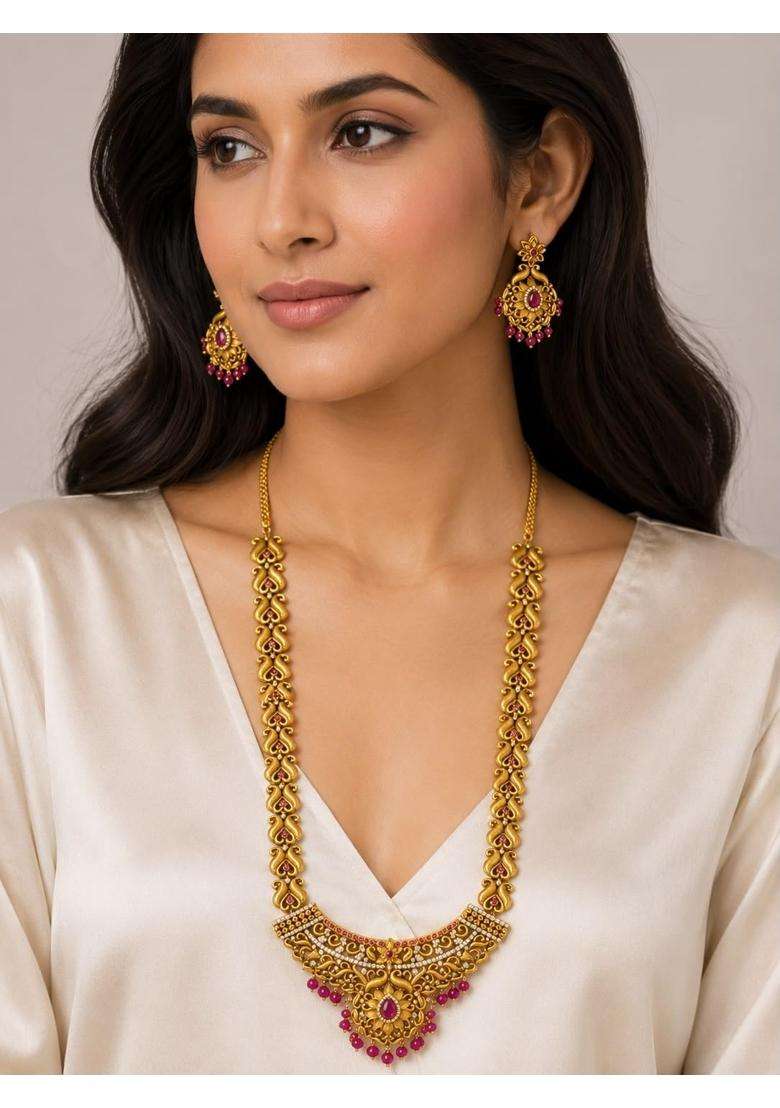 Gold Plated Traditional Necklace Set for Women Antique Kundan Temple Jewellery with Matching Earrings with Box - Indya