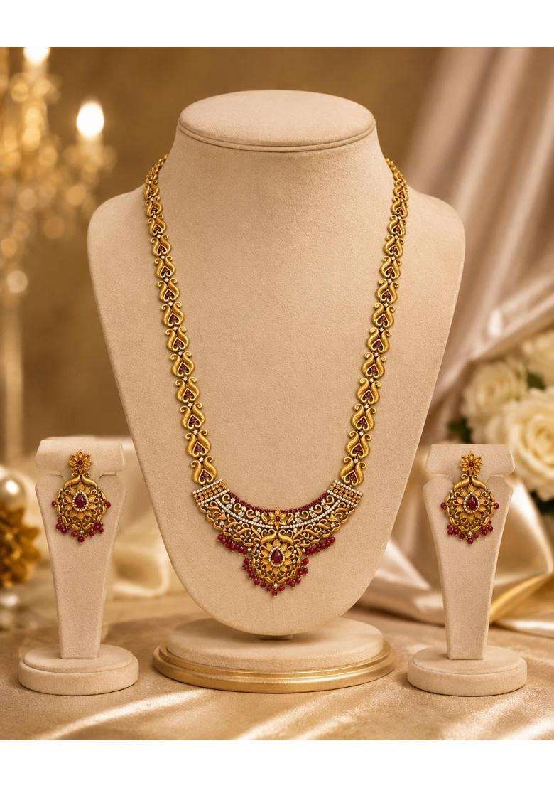 Gold Plated Traditional Necklace Set for Women Antique Kundan Temple Jewellery with Matching Earrings with Box - Indya