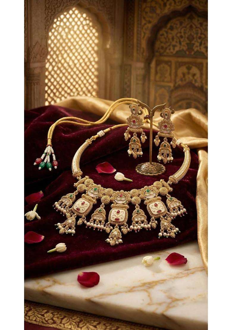 Vaidevi Traditional Antique Gold Plated Choker Necklace Set for Women - Indya