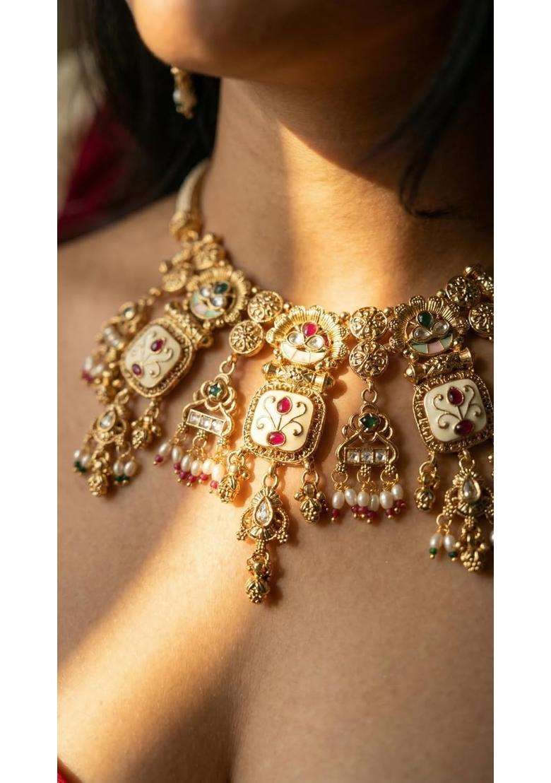 Vaidevi Traditional Antique Gold Plated Choker Necklace Set for Women - Indya