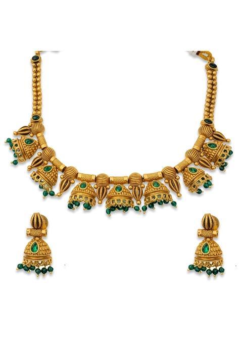 Yellow Chimes Green Stone Antique Gold Plated Jhumka Style Jewellery Set