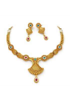 KGJ Jewellery Antique Temple Necklace Set Gold Plated Brass Traditional South Indian Style Floral Theme