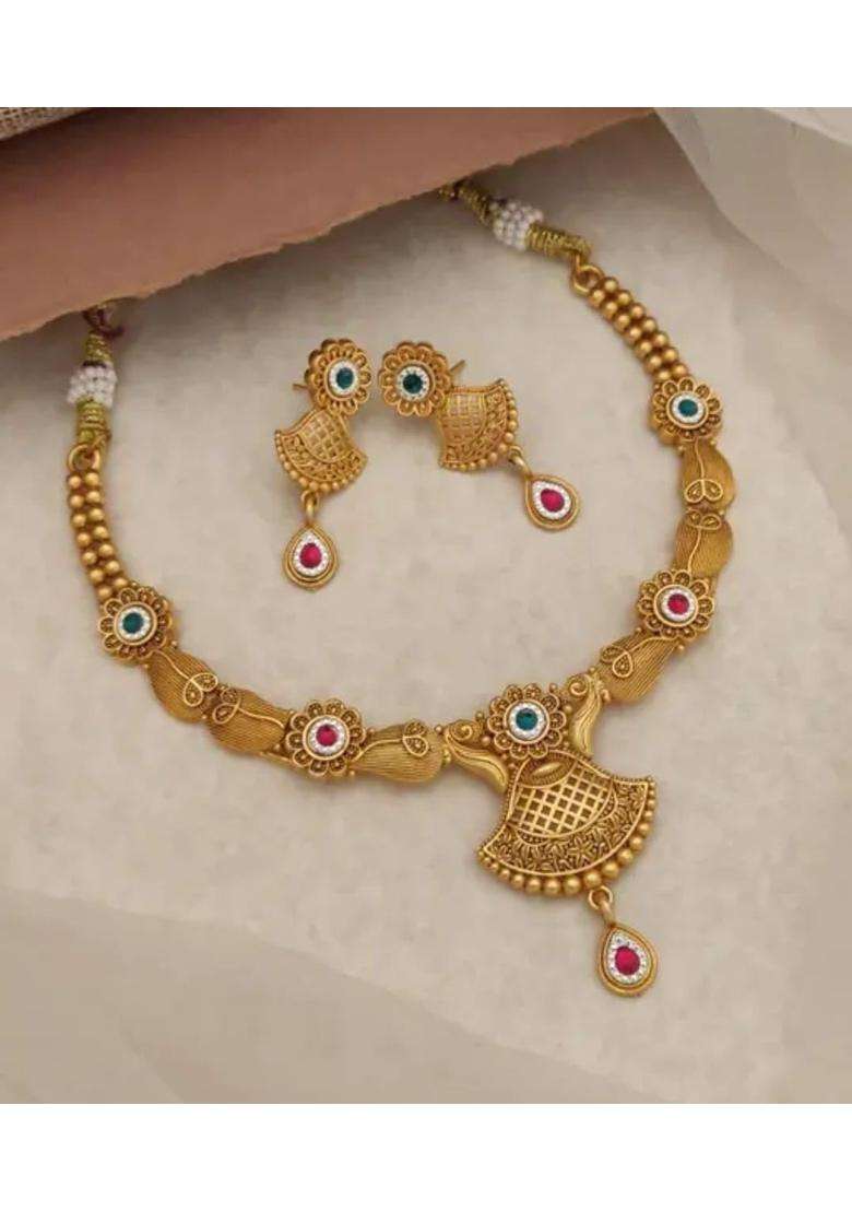 KGJ Jewellery Antique Temple Necklace Set Gold Plated Brass Traditional South Indian Style Floral Theme - Indya