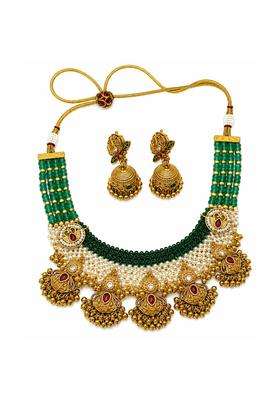Jsense Traditional Antique Gold Plated Green Beaded Choker Necklace Set with Jhumka Earrings for Women