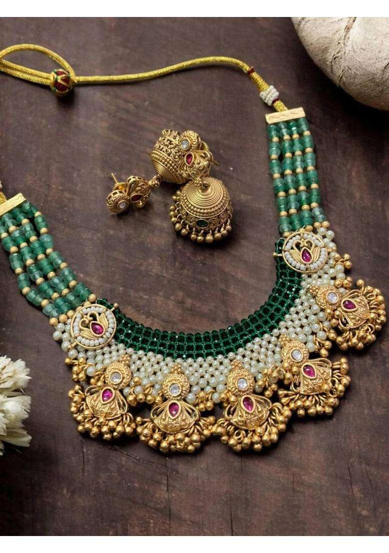 Jsense Traditional Antique Gold Plated Green Beaded Choker Necklace Set with Jhumka Earrings for Women - Indya