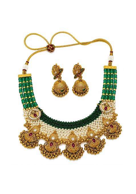 Jsense Traditional Antique Gold Plated Green Beaded Choker Necklace Set with Jhumka Earrings for Women