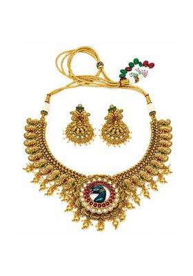 Jsense Traditional Antique Gold Plated Temple Jewelry Set for Women Ethnic Peacock Design Necklace