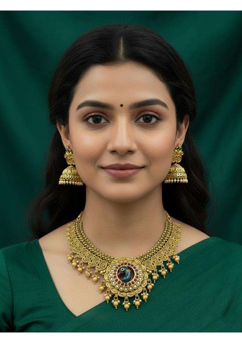 Jsense Traditional Antique Gold Plated Temple Jewelry Set for Women Ethnic Peacock Design Necklace - Indya