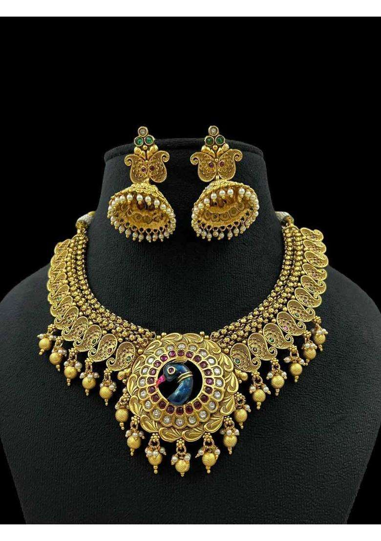 Jsense Traditional Antique Gold Plated Temple Jewelry Set for Women Ethnic Peacock Design Necklace - Indya