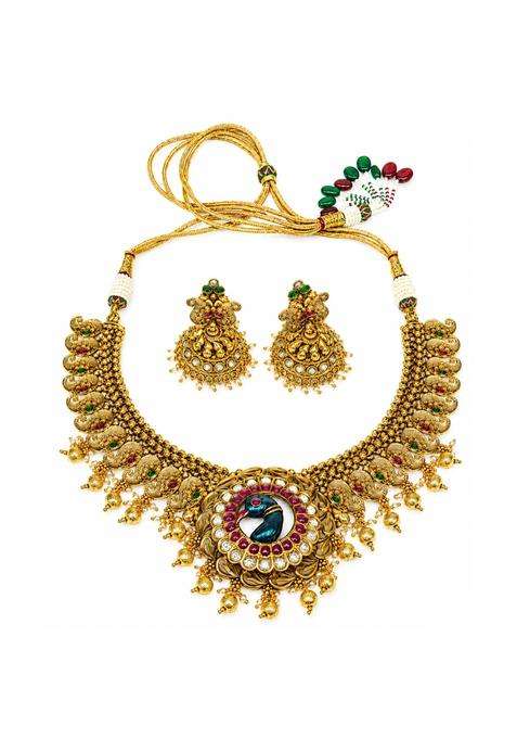 Jsense Traditional Antique Gold Plated Temple Jewelry Set for Women Ethnic Peacock Design Necklace