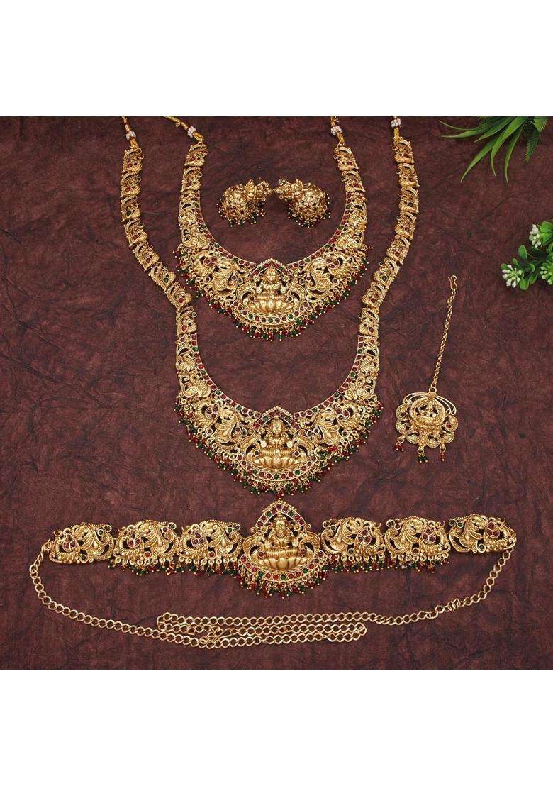 Ornadzn Zevellery Temple Jewellery Set for Women Antique Gold Plated Lakshmi Bridal Necklace - Indya