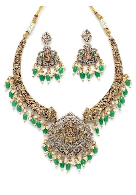 Karatcart Antique Gold Plated Green Tumble AD Temple Jewellery Set for Women