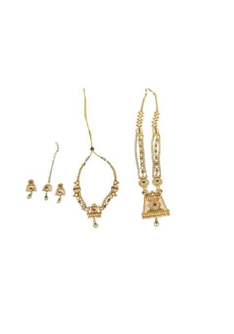 Zhabu Ethnic Antique Gold Plated Temple Jewelry Set for Women Long Necklace Choker Earrings and Maang Tikka