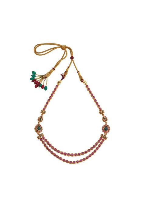 Kushals Fashion Jewellery Ruby Green White Gold Polished 925 Silver Temple Necklace with Adjustable Thread