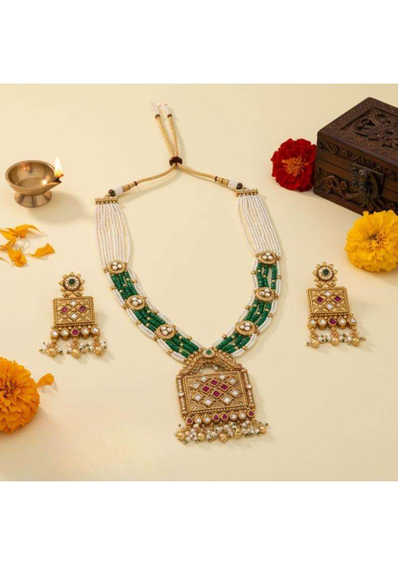 Iksava Antique Gold Plated Traditional Necklace Set for Women Bridal Jewellery Set - Indya