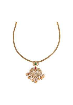 Kushals Fashion Jewellery Ruby Green Gold Polished 925 Silver Temple Necklace with Adjustable Thread for Women