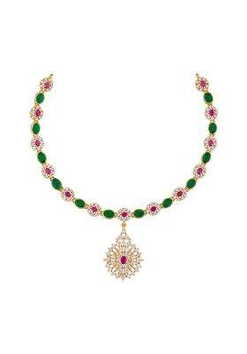Kushals Fashion Jewellery Ruby Green Gold Polished 925 Silver Temple Necklace
