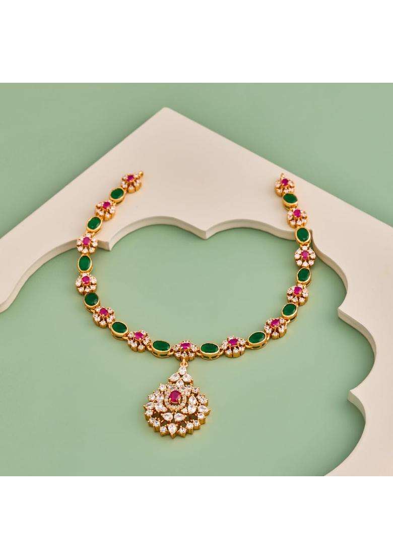 Kushals Fashion Jewellery Ruby Green Gold Polished 925 Silver Temple Necklace - Indya