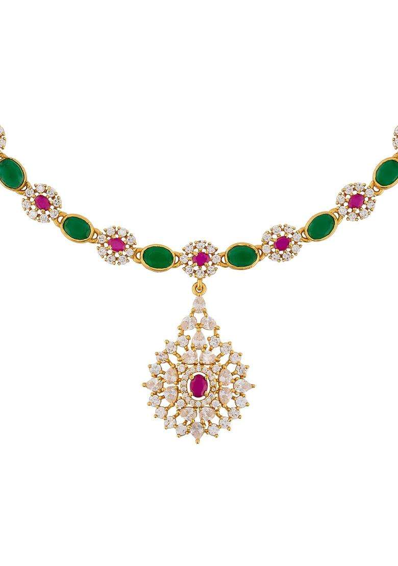 Kushals Fashion Jewellery Ruby Green Gold Polished 925 Silver Temple Necklace - Indya