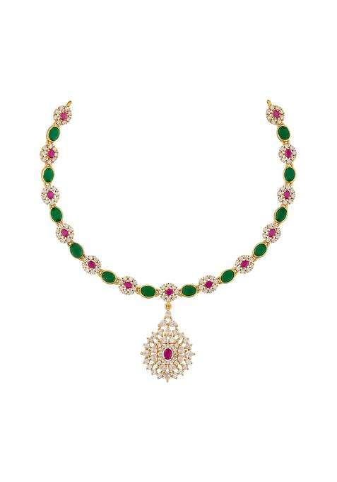 Kushals Fashion Jewellery Ruby Green Gold Polished 925 Silver Temple Necklace