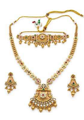PM AURA Jewels Antique Rajwadi Choker and Long Necklace Set Temple Jewelry Design Brass Alloy Multicolor