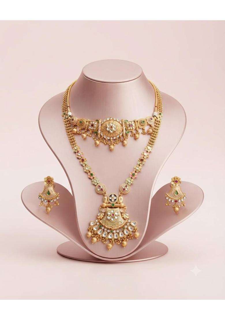 PM AURA Jewels Antique Rajwadi Choker and Long Necklace Set Temple Jewelry Design Brass Alloy Multicolor - Indya