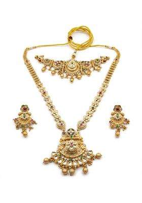 PM AURA Jewels Rajwadi Temple Long Necklace Set with Choker and Earrings Antique Matte Finish Brass Alloy