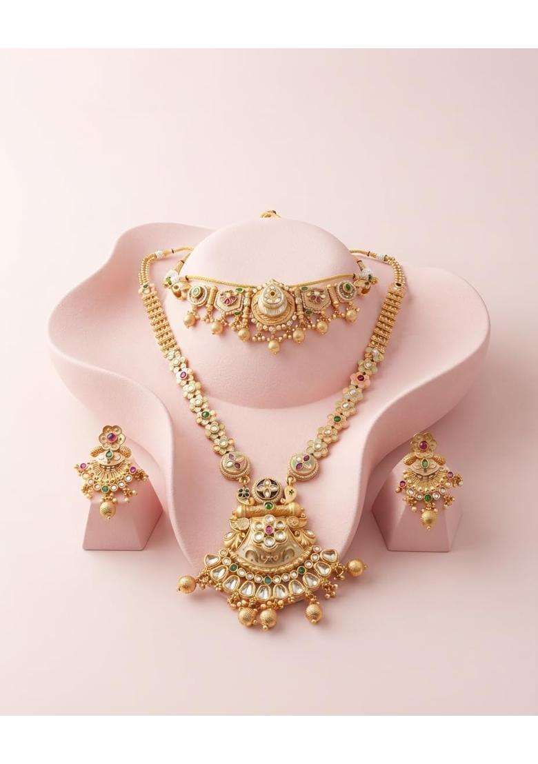 PM AURA Jewels Rajwadi Temple Long Necklace Set with Choker and Earrings Antique Matte Finish Brass Alloy - Indya